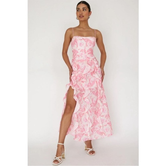 Selfie Leslie | NWT Serif Rose Floral Ruffle Trim Split Maxi Dress Pink Size XXL - Picture 1 of 7